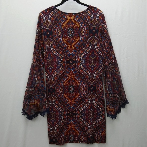 Women's MSK Bohemian Blue Paisley Bell Sleeve V-neck Dress Sz LG - Picture 6 of 9